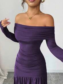 Vestido de punto ajustado de manga larga con hombros descubiertos, elegante y vintage, adecuado para otoño/invierno, Halloween - Morado - Ver 5