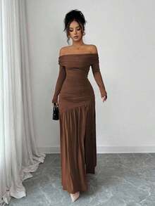 Vestido de punto ajustado de manga larga con hombros descubiertos, elegante y vintage, adecuado para otoño/invierno, Halloween - Café integral - Ver 4