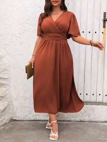 Vestido maxi de verano para mujer talla grande, de manga corta con volantes y cuello en V de un solo color - Óxido marrón - Ver 7