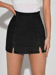 Tall Falda pantalón de mezclilla casual y de uso diario con abertura lateral, para verano - Negro - Ver 5