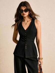 Camiseta sin mangas ajustada de mujer con cuello en V y botones delanteros de unicolor - Negro - Ver 3