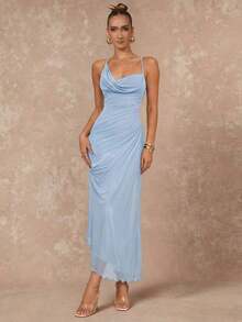 Vestido de estilo elegante y romántico para mujer, adecuado para fiesta, vacaciones, vuelta al colegio, cita romántica y boda, vestido de fiesta con escote en pico, cuello halter, espalda descubierta, efecto fruncido y lazo - Azul - Ver 4