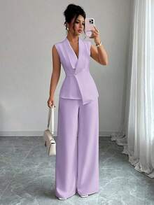 Conjunto de oficina elegante para mujer, compuesto por una chaqueta blazer sin mangas con cuello y bajo asimétrico, con hebilla metálica en la cintura, combinada con pantalones de cintura elástica.Conjunto de 2 piezas elegante para primavera/verano, atuendo formal y de clase para mujer. - Púrpura malva - Ver 7