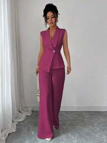 Conjunto de oficina elegante para mujer, compuesto por una chaqueta blazer sin mangas con cuello y bajo asimétrico, con hebilla metálica en la cintura, combinada con pantalones de cintura elástica.Conjunto de 2 piezas elegante para primavera/verano, atuendo formal y de clase para mujer. - Rojo violeta - Ver 1