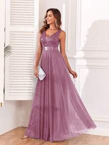 Vestido de dama de honor formal de línea A con escote en V sin mangas, bordado y de malla, vestido de fiesta elegante, vestido de invitado de boda formal, vestido de ceremonia de graduación, vestido de noche de primavera - Rosa vieja - Ver 5