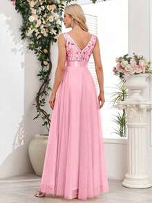 Vestido de dama de honor formal de línea A con escote en V sin mangas, bordado y de malla, vestido de fiesta elegante, vestido de invitado de boda formal, vestido de ceremonia de graduación, vestido de noche de primavera - Rosa Pálido - Ver 2