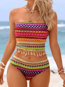 2 piezas Conjunto de bikini con camiseta de mujer, tela con textura a rayas de colores, decoración con flecos bohemios, estilo de resort de playa, adecuado para piscina y playa - Multicolor 2 - Ver 1