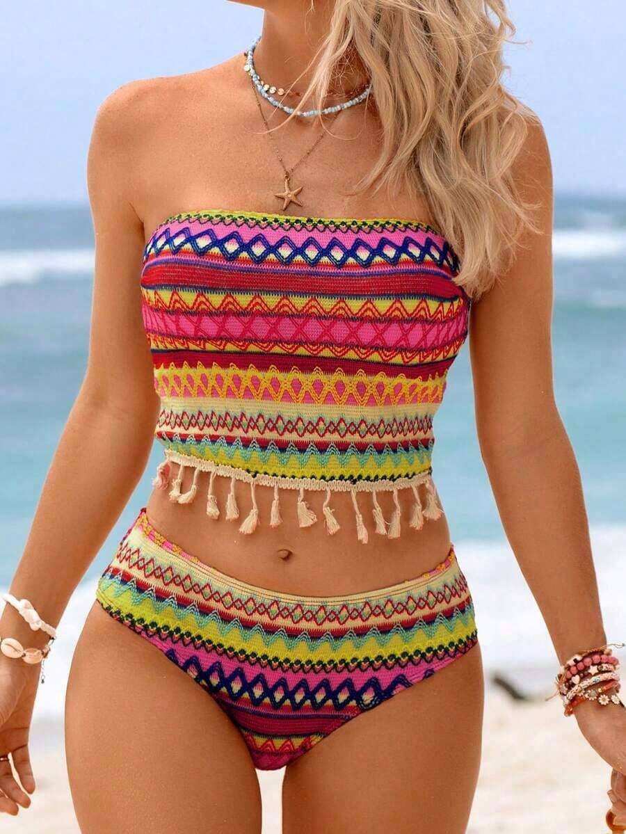 2 piezas Conjunto de bikini con camiseta de mujer, tela con textura a rayas de colores, decoración con flecos bohemios, estilo de resort de playa, adecuado para piscina y playa - Multicolor 2 - Ver 1