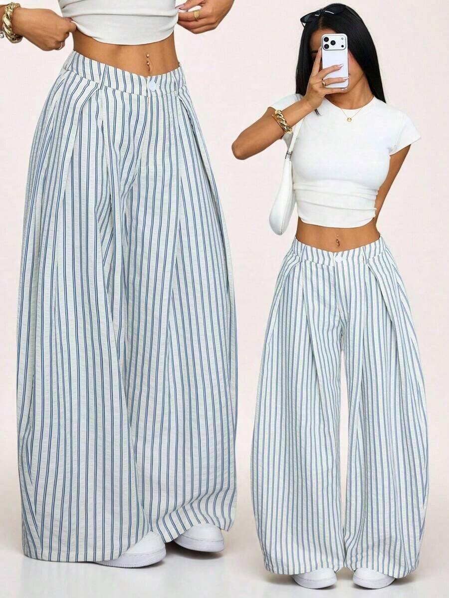 Pantalones anchos de verano con dobladillo curvo verde, estilo vintage, casual y para salir - Azul 2 - Ver 1