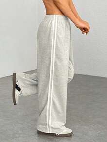 Pantalones casuales con rayas laterales negras, de estilo simple y de moda para uso diario, graduación, maestros y vuelta al colegio para mujeres - Gris Claro - Ver 2