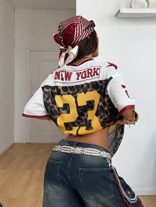 Camiseta de béisbol con estampado de número para mujer de talla grande, estilo vintage y deportivo para primavera/verano, top con estampado de leopardo, ropa de otoño, top con estampado de guepardo, top con estampado de leopardo - Café integral - Ver 4