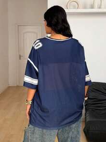 Camiseta de béisbol rosa con gráficos de malla transpirable de talla grande para mujer, para primavera/verano, festivales, salir y usar en la calle, con estilo vintage - Azul - Ver 7