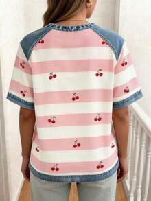 Camiseta casual versátil de mujer con cuello redondo, manga corta y diseño de rayas y patchwork - Multicolor 3 - Ver 2
