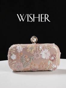WISHER Elegant Versatile Sparkling Charm Embroidered Floral Evening Clutch Bag, Shimmering Sequin Random Floral & Leaf Design Detachable Chain Clutch, Suitable For Wedding, Party, Cocktail, Formal Occasions And Daily Use - Pink - View 1