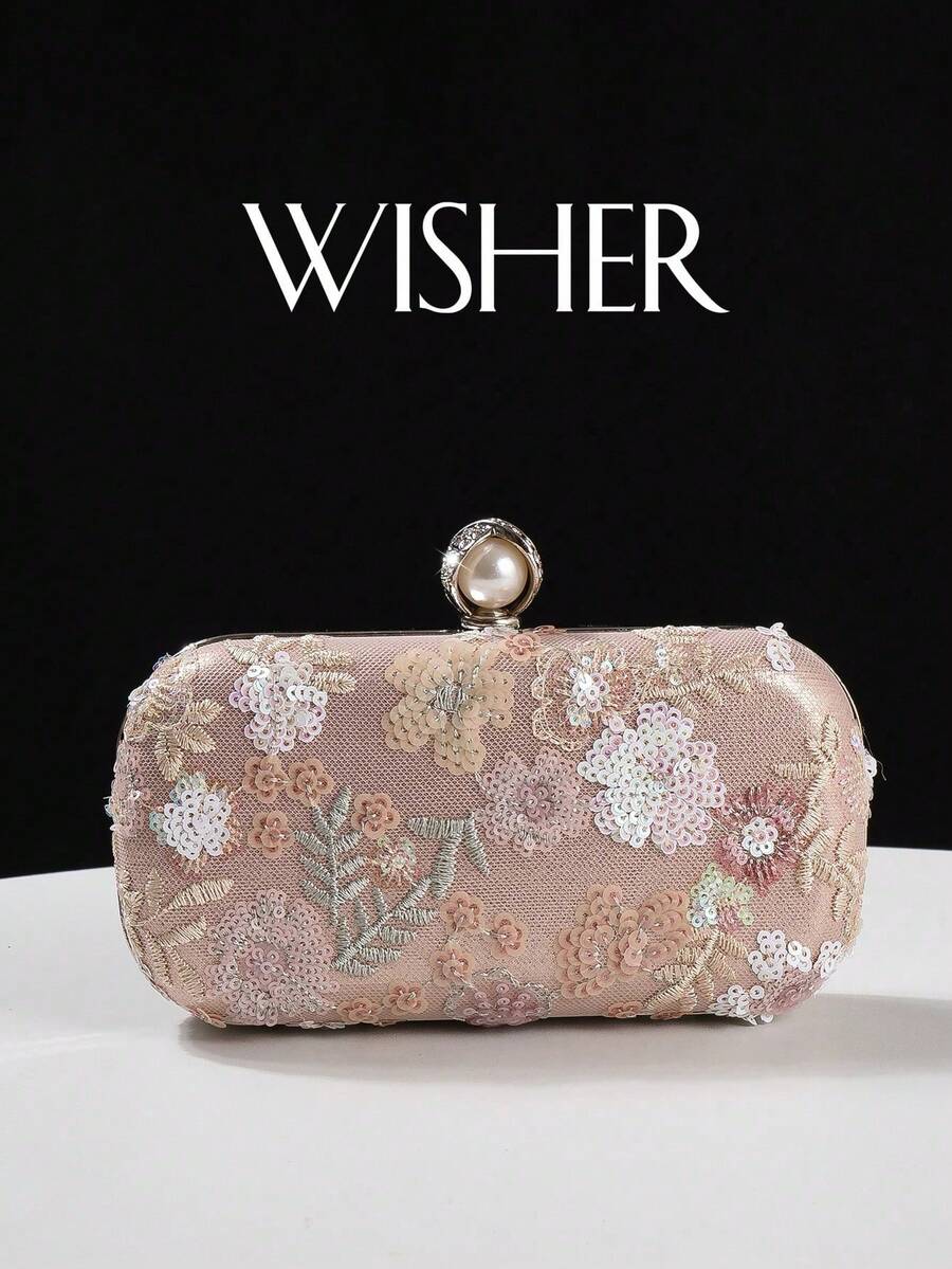 WISHER Elegant Versatile Sparkling Charm Embroidered Floral Evening Clutch Bag, Shimmering Sequin Random Floral & Leaf Design Detachable Chain Clutch, Suitable For Wedding, Party, Cocktail, Formal Occasions And Daily Use - Pink - View 1
