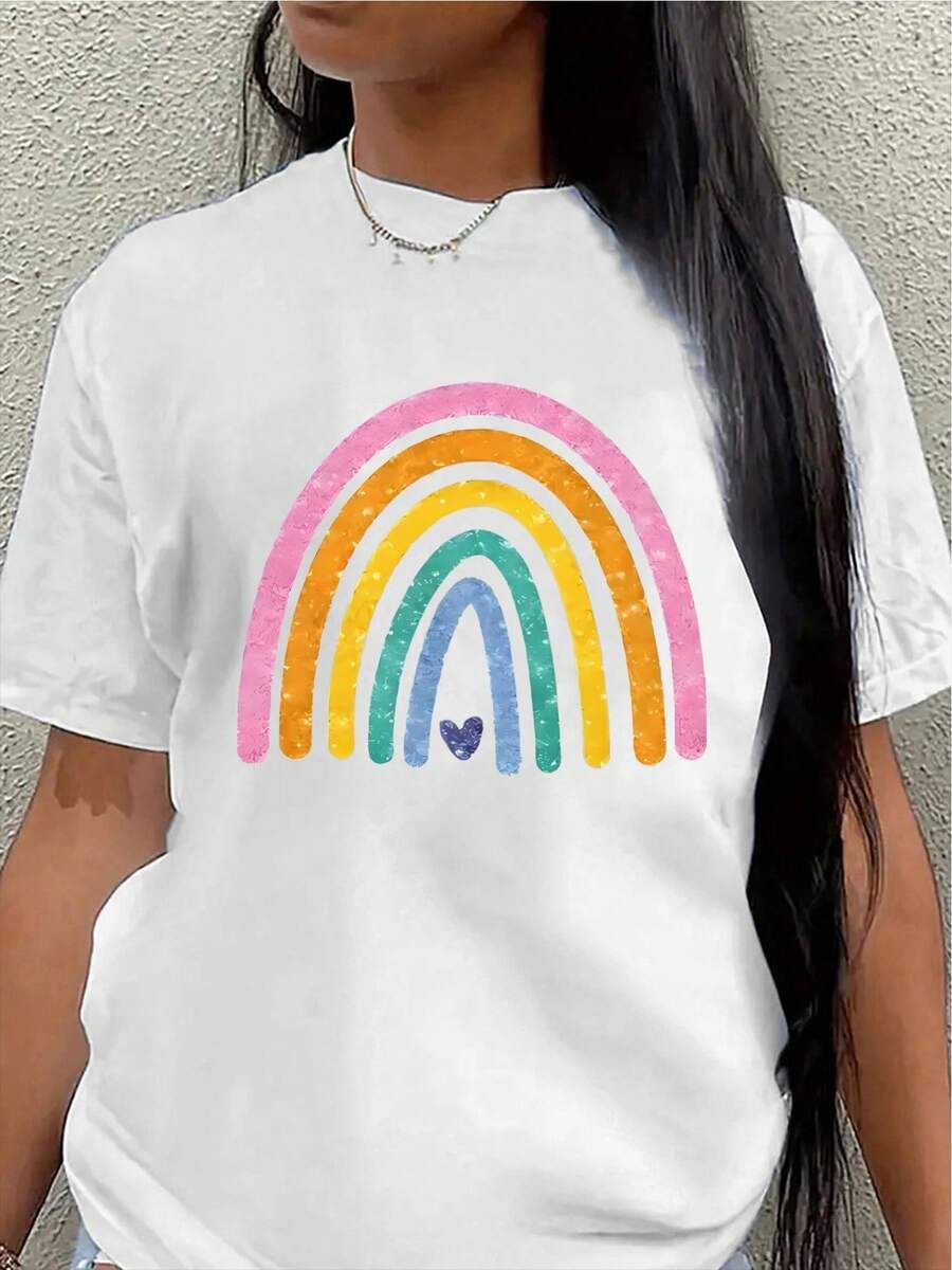 This Lightweight And Durable Short-Sleeved T-Shirt Features A Vibrant Rainbow Design And Is Perfect For Lounging At Home, Going To Cafes, Or Enjoying Outdoor Activities. Made From A Soft And Comfortable Fabric, It's Suitable For Everyday Wear. - 白色 - 查看 1