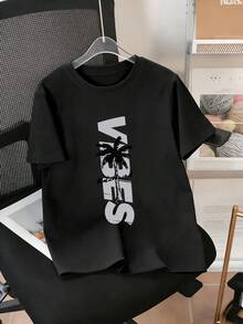 青少年男孩夏季休閒套裝，圓領字母椰子樹印花T恤與短褲套裝 - 黑色 - 查看 3