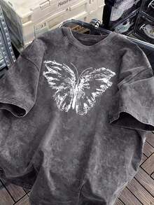 Fun And Retro Women's Clothing With Butterfly Print And Cartoon Lettering, Street Style, Korean Style, Comfortable, Retro, Versatile For Everyday Wear, Y2K Women's Clothing, Black Fitted Short-Sleeved Crew Neck T-Shirt Niche Punk Style, Comfortable Pure Cotton T-Shirt From The Washed Retro Series, Easily Creates A Casual Retro Style, Suitable For Daily Commuting, Casual Outings, Daily Wear, Classic Retro Style Women's Clothing. - 灰色 - 查看 1