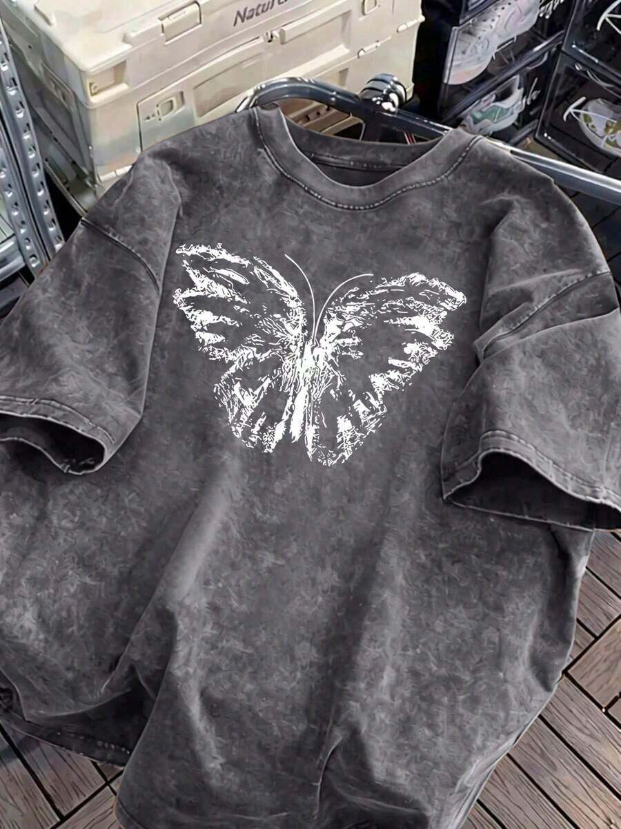 Fun And Retro Women's Clothing With Butterfly Print And Cartoon Lettering, Street Style, Korean Style, Comfortable, Retro, Versatile For Everyday Wear, Y2K Women's Clothing, Black Fitted Short-Sleeved Crew Neck T-Shirt Niche Punk Style, Comfortable Pure Cotton T-Shirt From The Washed Retro Series, Easily Creates A Casual Retro Style, Suitable For Daily Commuting, Casual Outings, Daily Wear, Classic Retro Style Women's Clothing. - 灰色 - 查看 1