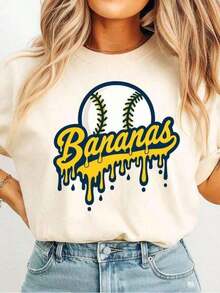 Oferta por tiempo limitado, cantidad limitada disponible,  relámpago, camisas de mujer, camisetas de mujer Camiseta divertida de béisbol con plátano, camiseta de hip hop con mascota de equipo deportivo, talla grande, camiseta holgada para mujer, ropa de verano, camiseta informal estampada de manga corta y cuello redondo para mujer, top para mujer, 1 pieza de ropa de verano - Blanco - Ver 1