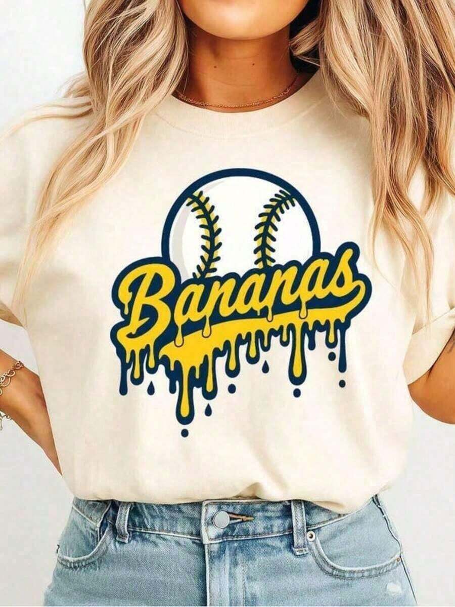 Oferta por tiempo limitado, cantidad limitada disponible, relámpago, camisas de mujer, camisetas de mujer Camiseta divertida de béisbol con plátano, camiseta de hip hop con mascota de equipo deportivo, talla grande, camiseta holgada para mujer, ropa de verano, camiseta informal estampada de manga corta y cuello redondo para mujer, top para mujer, 1 pieza de ropa de verano - Blanco - Ver 1