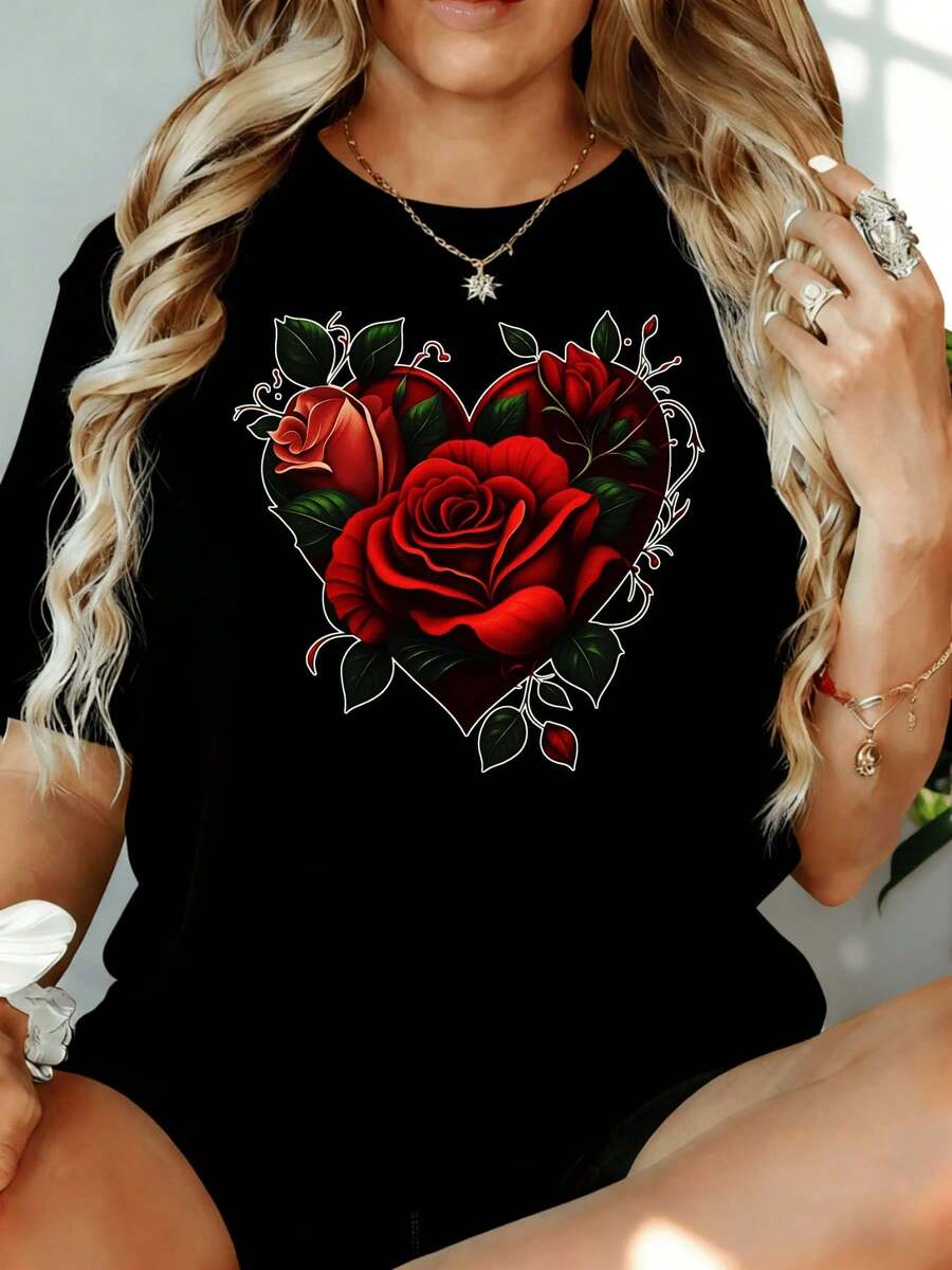 Women's Casual T-Shirt With Heart And Rose Print, Loose Fit, Short Sleeve, Graphic Design, 220g, For Leisure, Home, Outdoors, Valentine's Day Gift, 100% Cotton, Durable - 黑色 - 查看 1