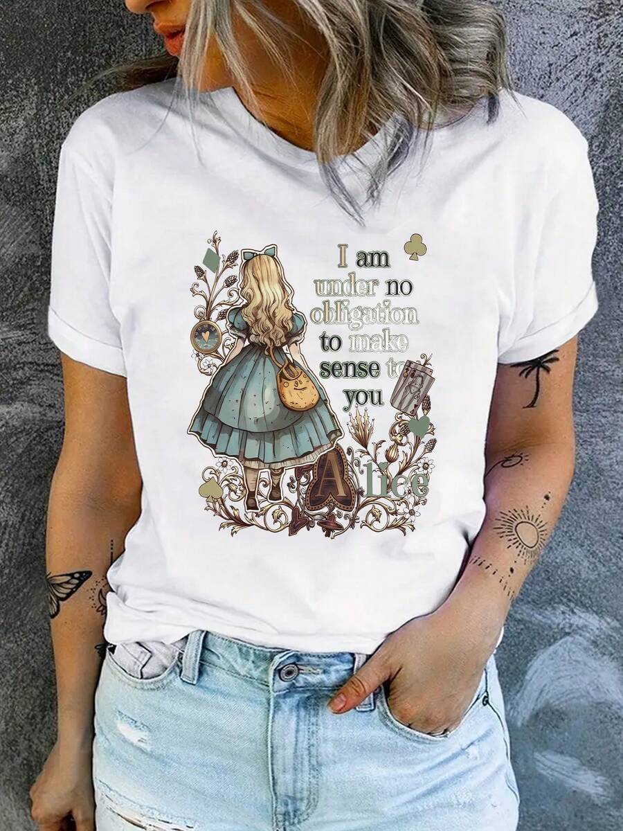 Camiseta de Verano Premium Estampada para Mujer, Diseño Personalizado "Alice, no tengo ninguna obligación", Estilo Casual Versátil para Primavera/Verano, Uso Diario, Viajes, Ropa Elegante para Mujer, Diseño Deportivo y Moderno, Cuello Redondo Simple, Cómoda y Transpirable. - Blanco - Ver 1