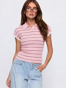 Knit Mix Damen eleganter, lässiger gestreifter Pullover mit Kragen, Knöpfen und Kapuze, Kurzarm, geeignet für Frühling/Sommer, Alltag, Zuhause, Pendeln, Büro, Pink - Pink - Übersicht 7