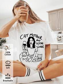 Women's One Piece Summer Set, Cozy Comfy Lounge, "Cat Mom" And Wine Lover Print T-Shirt, Suitable For A Casual Cat Lover Night Out, Stylish Women's Clothing, Style: Round Neck, Short Sleeves, Loose Fit, A Gift For Yourself/Family/Partner/Friends, Breathable Cotton Top, Soft And Relaxed Home Wear. - 白色 - 查看 11