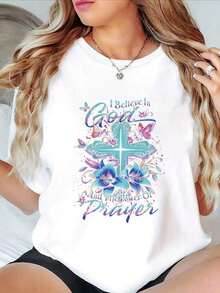 Women's White T-Shirt With Floral Design And Vibrant Cross - "I Believe In God And The Power Of Prayer" - Casual Crew Neck, Short Sleeve, All-Season Top | Religious Graphic T-Shirt | Comfortable Fit, Christian Clothing For Women - 白色 - 查看 6
