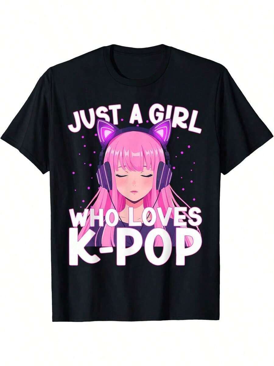 Playera de mujer de manga corta con cuello redondo, con estampado de chica anime K-Pop, corte regular, casual diario. - Negro - Ver 1