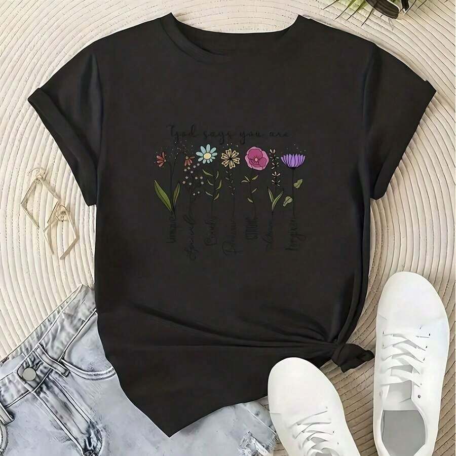 Camiseta de mujer Pure Clothes, con estampado de "Dios dice que eres única", cuello redondo, cómoda, de manga corta, transpirable, informal, para todas las estaciones, ideal como regalo para vacaciones. playera de mujer. blusas>elegantes. boho chic,Top de mujer suave, transpirable y cómodo, ideal para primavera, verano y otoño, perfecto para vacaciones, viajes y uso diario. - Negro - Ver 1