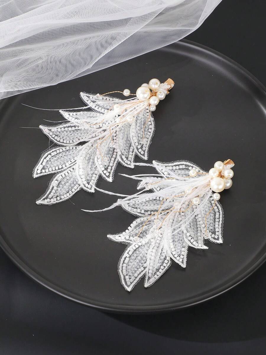 2pcs Handmade Braided Faux Pearl Hair Clips, Elegant Bridal Wedding Accessories,Hair Barrettes,Hair Claws - White - View 1