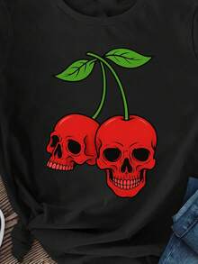 Women's Short Sleeve T-Shirt With Skull And Cherry Print - Casual Retro Black Top With Red And Green Fruit Design, Round Neck, Regular Fit, Medium Elasticity, For Spring, Summer And Autumn, Spring And Summer Clothing, Machine Washable T-Shirt. - 黑色 - 查看 1