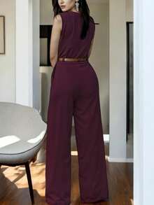 Sexy Women's Jumpsuit With Belt - Fashionable, Comfortable, And Casual - Ideal For The Office Or A Sexy Date - 酒紅色 - 查看 2