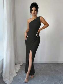 New Women's Sexy Solid Color Maxi Dress With Asymmetrical Shoulder, Twisted And Ruched, Asymmetrical Neckline, Knit Texture And Fitted Style, Twisted Design With Slit, Elegant Outfit For Women, Dress For Spring/Summer Party, Vacation, Valentine's Day - 黑色 - 查看 7