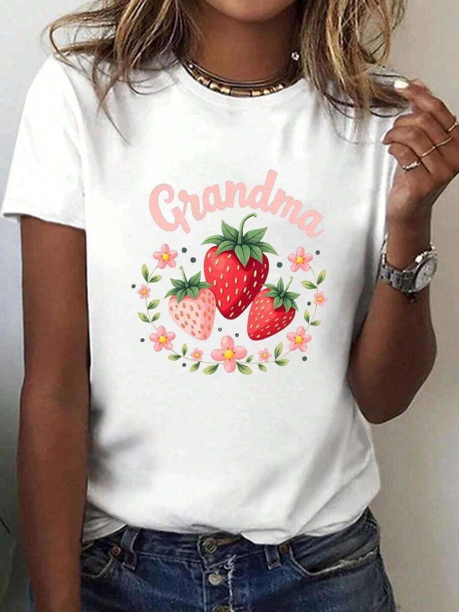 Women's Casual Short Sleeve Crew Neck T-Shirt, Strawberry Floral Print, Vibrant Green, Breathable Medium Stretch Fabric, Machine Washable, Comfortable Fit For All Seasons, Fun Design, Women's Size - 白色 - 查看 1
