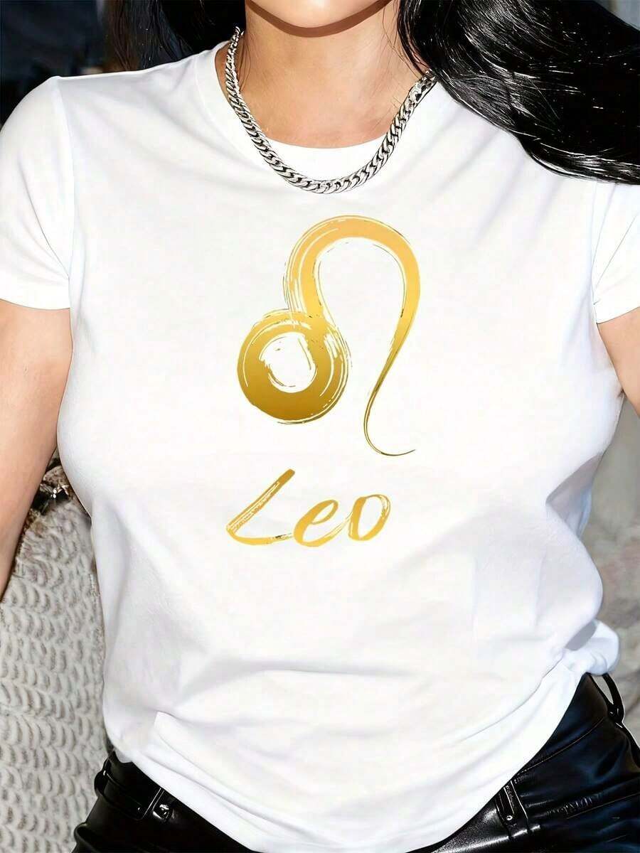 Women's Leo Graphic T-Shirt - Casual Black Crew Neck Short Sleeve T-Shirt With Gold Zodiac Design, Comfortable And Breathable For Spring And Summer, All Season Sportswear, Zodiac Print Sports T-Shirt, Comfortable Fit, Women's T-Shirts. - 白色 - 查看 1