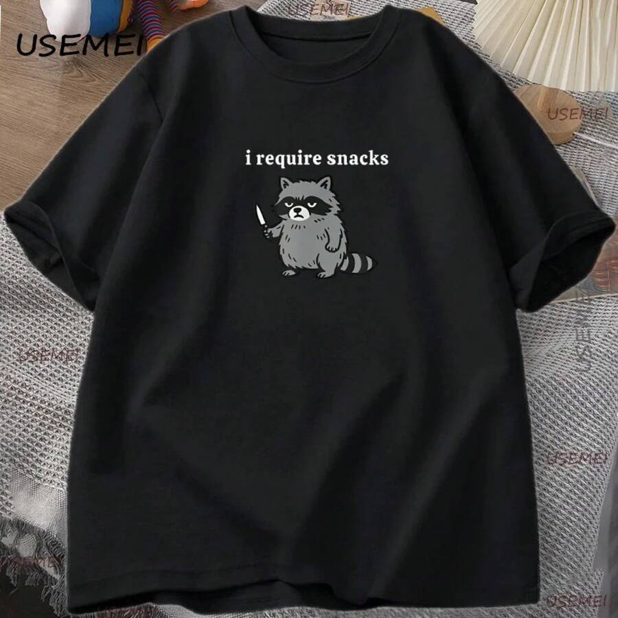 Necesito Snacks Camiseta Divertida de Mapache para Hombres y Mujeres, Camiseta para Amantes de los Animales, Camiseta Casual con Gráficos, Camiseta de Algodón Transpirable - Negro - Ver 1