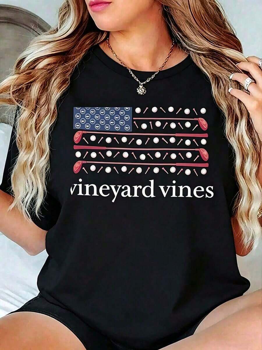 Cómodo Camiseta de manga corta con bolsillo y estampado de la bandera de golf de Vineyard Vines para hombre, 100% algodón, estilo casual urbano y hip-hop, camisetas de verano para hombre y mujer, playeras de mujer algodon, blusa casual mujer,  mujer - Negro - Ver 1