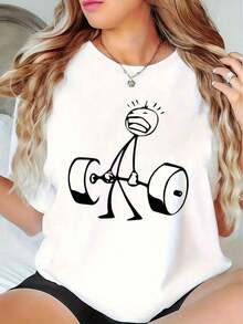 1 Piece CHICLY19 Cotton T-Shirt With Funny Stick Figure Graphic Doing Deadlift, Women's Gym Workout Quote Tee, Loose Fit Black Top, Short Sleeve Round Neck, Fun Aesthetic Cotton Tee For Gym And Everyday Wear, 180g 100% Cotton. - 白色 - 查看 11