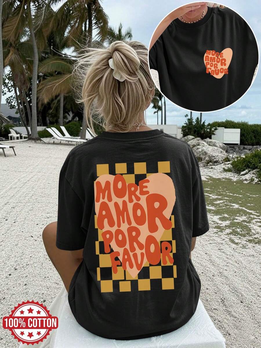 [Double-Sided Print] Women's Loose-Fitting Summer T-Shirt, Sweet And Fresh Style, With Heart And Plaid Print, ORE AOR PLEASE Print, Round Neck, Short Sleeves, Off-The-Shoulder Design, Plus Size Pure Cotton T-Shirt. Elegant Party Outfit, T-Shirt For Elegant Ladies, Blouses Suitable For Curvy Women, Prom Skirts, Casual Wear - 黑色 - 查看 1
