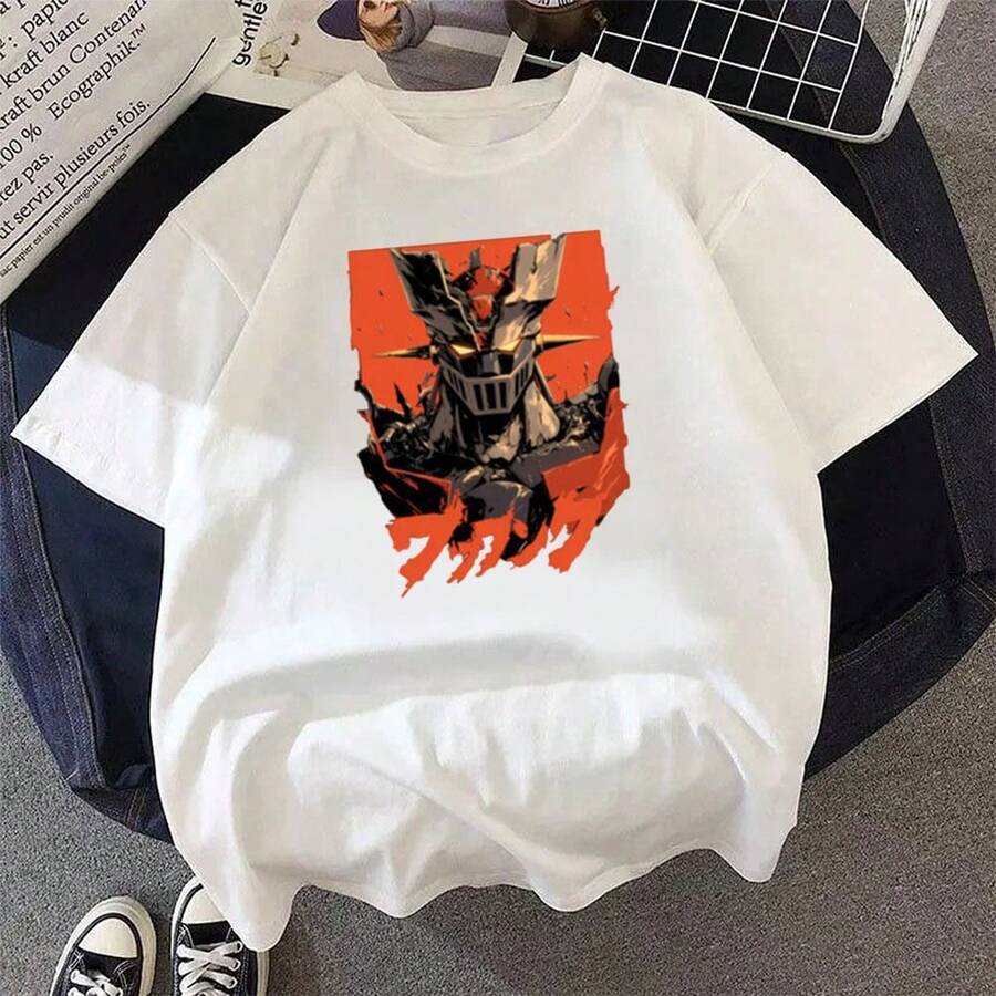 Unisex Mazinger T-Shirt With Anime Print, Short Sleeve, Casual Style, For Everyday Use. - 白色 - 查看 1