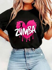 Women's Short-Sleeved Cotton T-Shirt With Round Neck And Heart Print Zumba, Casual Summer Graphic Tee For Dance, Fitness And Everyday Wear. - 黑色 - 查看 10