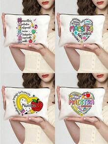 1 Pc Teacher Makeup Bag,Maestra Letter Pattern Makeup Bag,Floral Print Zipper Women'S Cosmetics Bag,Wash Bag,For Women'S Cosmetics Storage, University Dormitory Cosmetics Storage, Women'S Travel, Gift Bags,Teacher'S Day Gift Bag,Portable Shopping Bag, Lightweight Foldable Storage Bag, Simple Shopping Bag - Multicolor - View 1