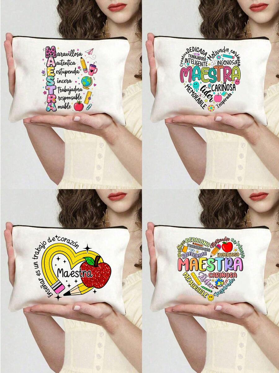 1 Pc Teacher Makeup Bag,Maestra Letter Pattern Makeup Bag,Floral Print Zipper Women'S Cosmetics Bag,Wash Bag,For Women'S Cosmetics Storage, University Dormitory Cosmetics Storage, Women'S Travel, Gift Bags,Teacher'S Day Gift Bag,Portable Shopping Bag, Lightweight Foldable Storage Bag, Simple Shopping Bag - Multicolor - View 1
