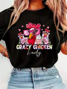 Funny Chicken Lady Print T-Shirt For Women And Girls - CRAZY Chicken Lady - Casual Short Sleeve Crew Neck T-Shirt, Comfortable For Spring And Summer, Women's Clothing - 黑色 - 查看 1