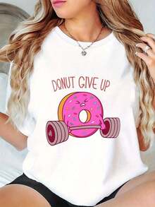 Women's Casual And Fashionable Activewear - Short-Sleeve Sports T-Shirt With Pink Donut And Fruit Print - Breathable, Sweat-Wicking, Lightweight, Comfortable, Soft - Unisex Vintage Urban Style, 100% Pure Cotton Short-Sleeve T-Shirt - 白色 - 查看 7