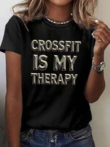 Women's T-Shirt | "Is My Therapy" Print T-Shirt, Casual Crew Neck, Short Sleeve, Comfortable, Loose Fit | Strong Pattern, Stretch Fabric | Women's Blouses > Clothing - 黑色 - 查看 1