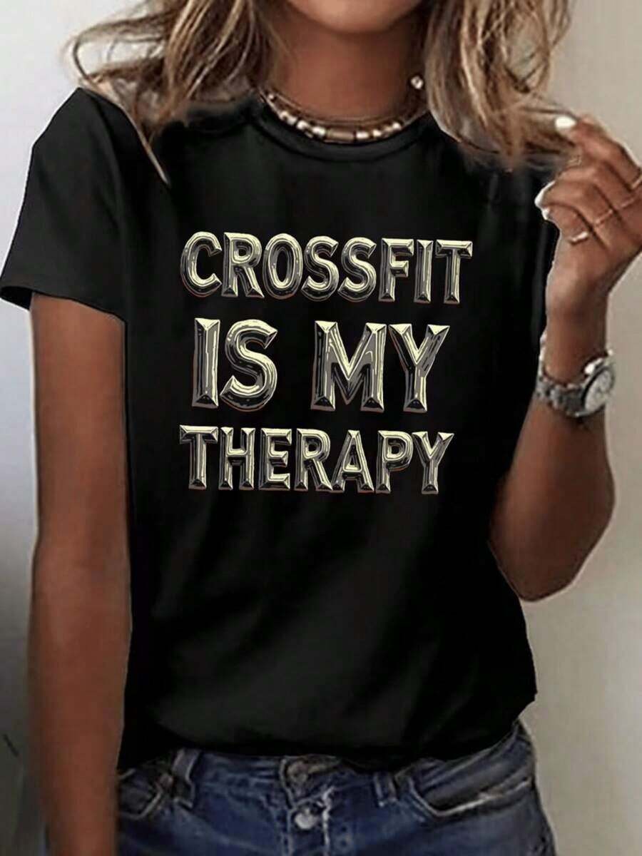 Women's T-Shirt | "Is My Therapy" Print T-Shirt, Casual Crew Neck, Short Sleeve, Comfortable, Loose Fit | Strong Pattern, Stretch Fabric | Women's Blouses > Clothing - 黑色 - 查看 1